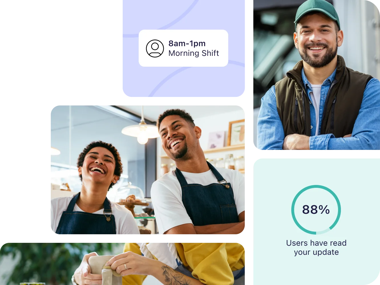 Smiling small business employees at a bakery and a delivery driver, with app cards showing a morning shift and 88% of users having read an update.
