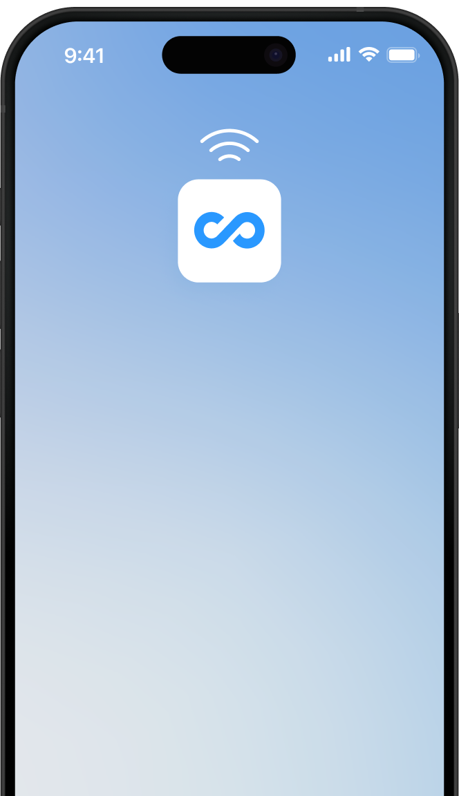 iPhone with Connecteam NFC image at the top of the screen - gradient blue and white background