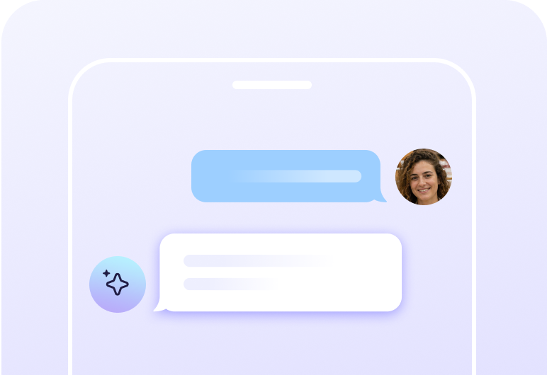 Graphic showing a mobile chat interface layout with a blue user message bubble next to an employee's avatar, receiving a white reply bubble from an AI assistant icon.
