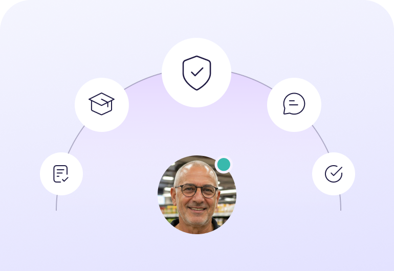 Graphic showing an arch of five icons—representing documents, training, security, communication, and tasks—surrounding a central photo of a smiling male employee.