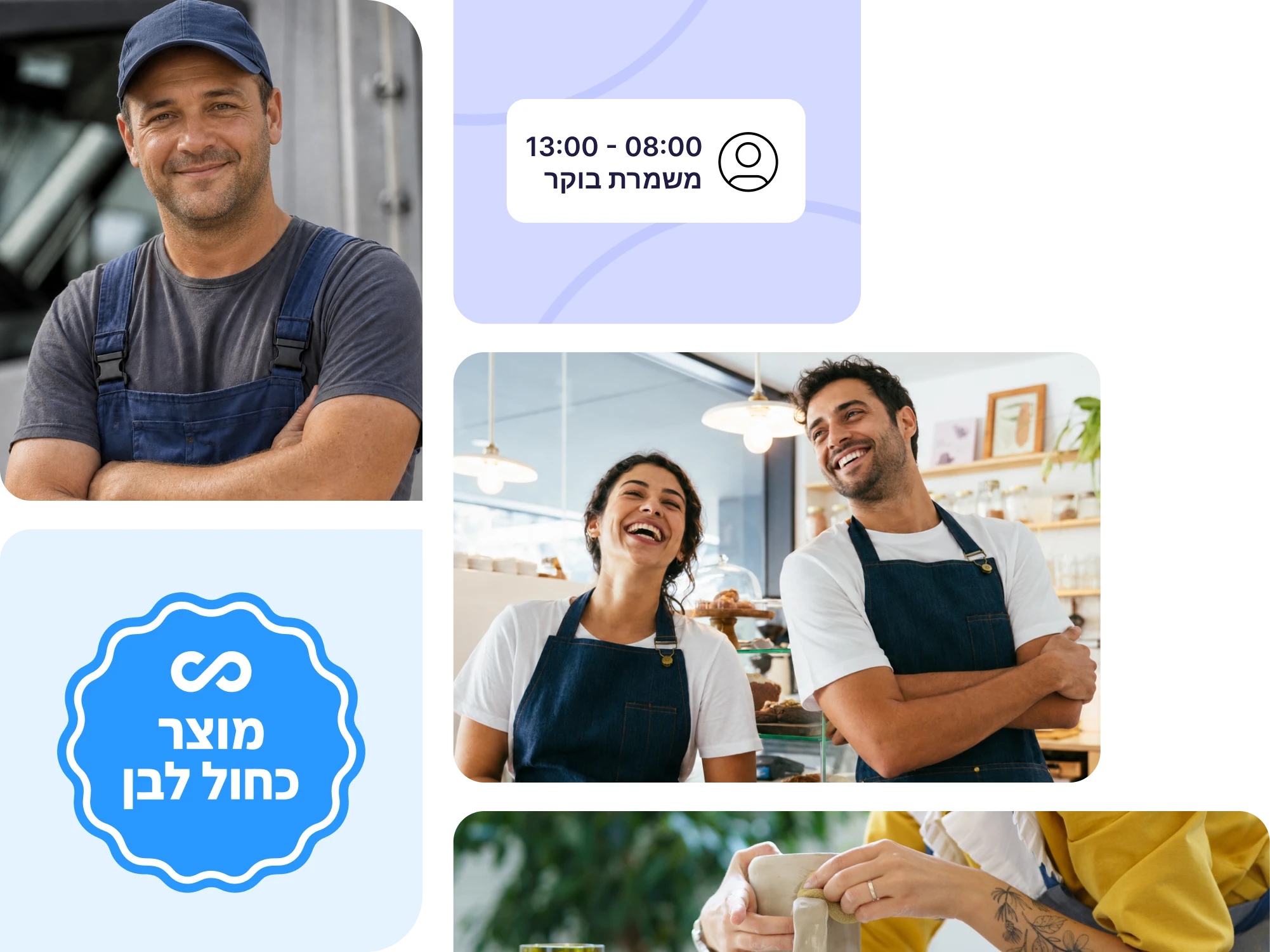 קולאז' תמונות המציג עובדים בתעשיות שונות לצד תווית 