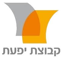 The logo features two overlapping curved shapes—one grey and one yellow—creating an orange intersection, above grey Hebrew text reading 