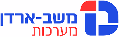 The logo features a blue and red geometric emblem forming stylized shapes or letters next to blue Hebrew text reading 