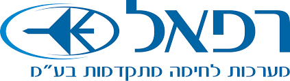 The logo features a blue oval emblem enclosing a stylized supersonic jet or missile icon, next to large blue Hebrew text reading 