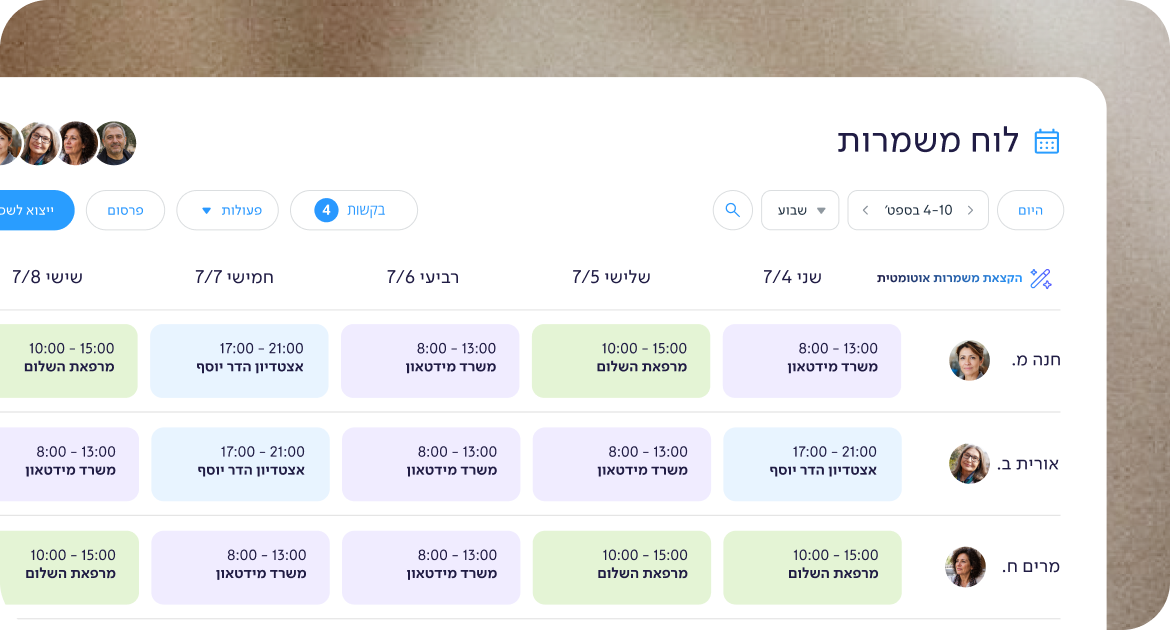 ממשק לוח משמרות שבועי באפליקציית Connecteam המציג את סידור העבודה לפי עובדים, ימים ושעות. WEBP